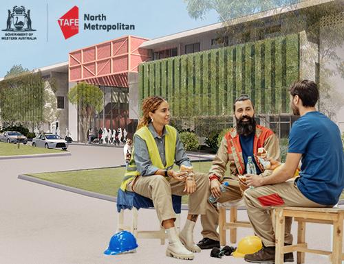 Construction students sat outside a TAFE college building on a bench together