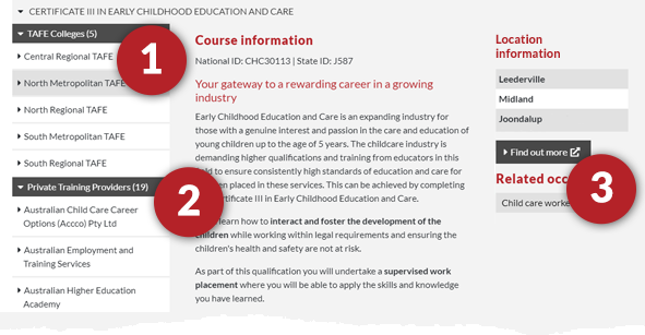 A screenshot of the Jobs and Skills WA course list, showing the TAFEs and RTOs on the left, a course description in the middle, and a Find out more button to the right. 