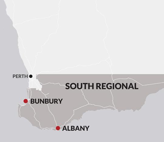 An illustrated map of the South regional area, showing Albany and Bunbury JSCs