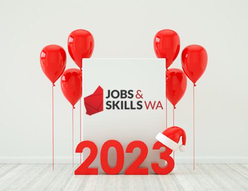 Red balloons with Jobs and Skills WA logo 2023