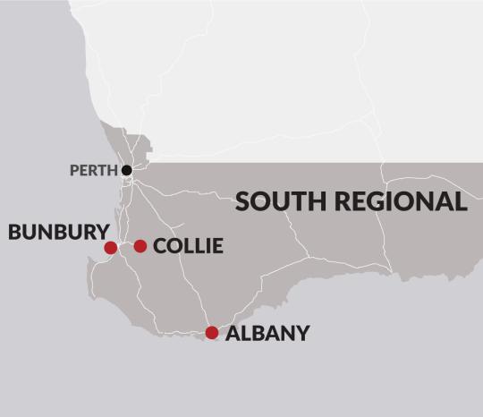 An illustrated map of the South regional area, showing Albany, Collie and Bunbury JSCs